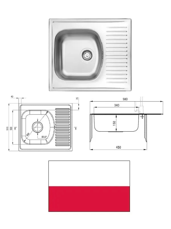 Nerūdijančio plieno virtuvės plautuvė 58x51x15, TECHNO