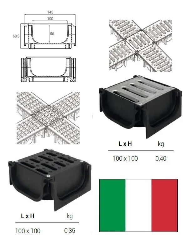 Lietaus vandens nutekėjimo kanalas, 4 krypčių 100x100, nerūdijantis plienas