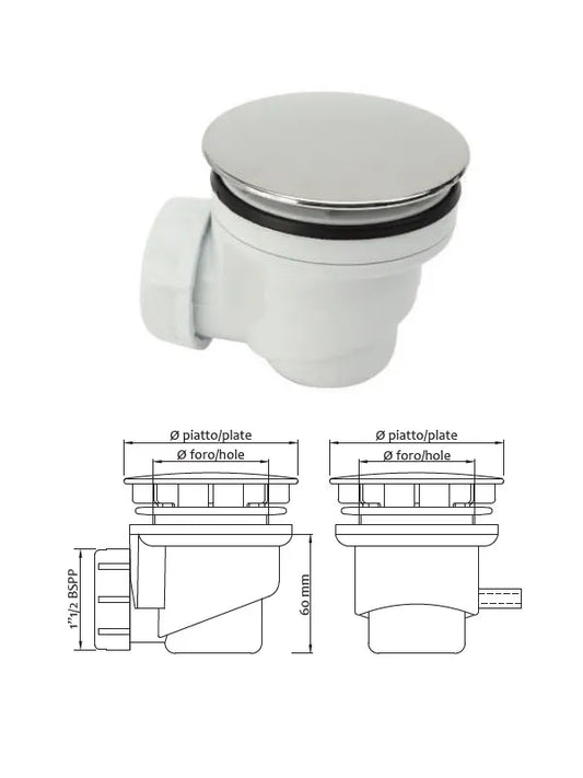 Dušo sifonas D60x1 1/2"x90 su chromuotu kamščiu, 7005PC0090