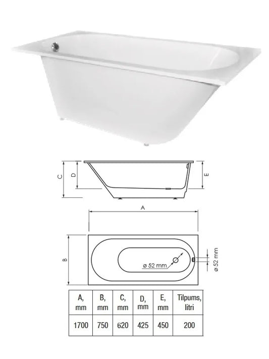 Lieta akmens vonia 1700x750 balta, COMPACTINO