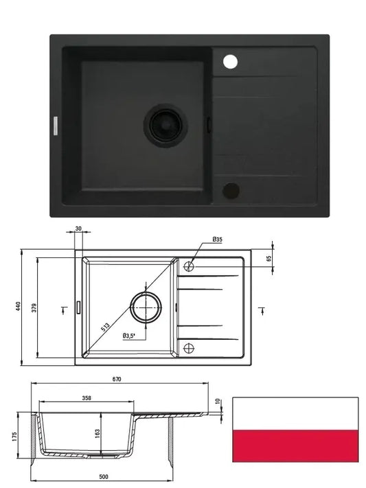 Granitinė plautuvė metallic graphite 67x44, CORIO